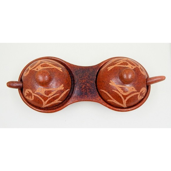 Glazed Clay Bird Motif Jelly Jam Condiment Set With Spoons Lids Primitive - Picture 3 of 8